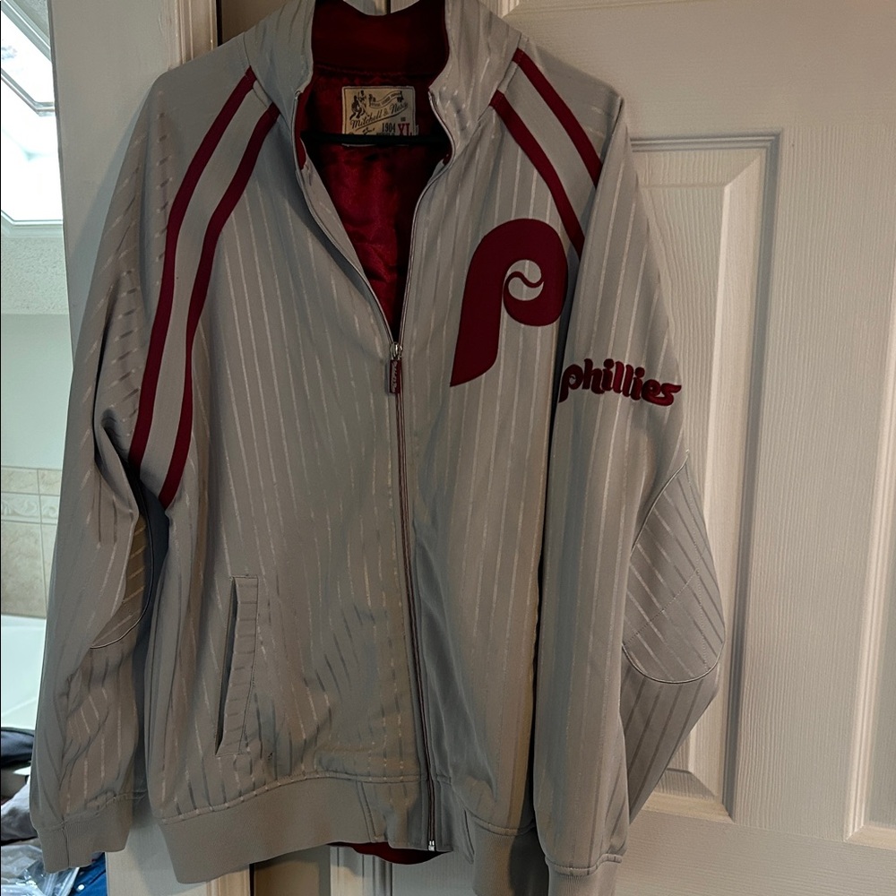 Mitchell & Ness Light Gray and Maroon Phillies Bomber Jacket